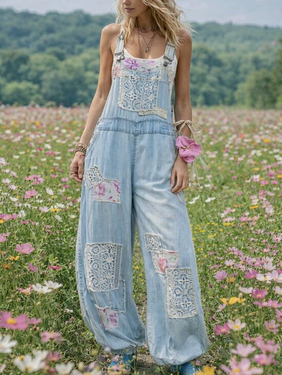 POL Denim - POL Sweet Boho Baby Faded Denim Floral & Lace Patchwork Girly Suspender Overalls